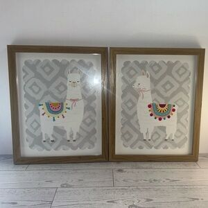Set of 2 Framed Alpaca Prints - White Alpacas with Colorful Saddles